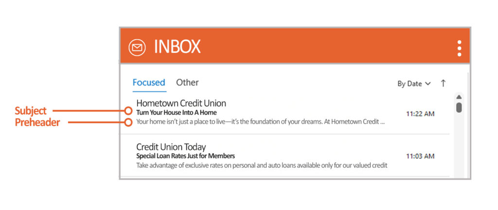 Email inbox highlighting the subject line and pre-header text of a credit union email, emphasizing the importance of these elements in email marketing strategies.