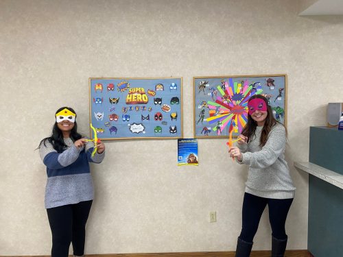 Pennstar Federal Credit Union's "Savings Superheroes" in-branch bulletin board displays showing off super heroes to promote youth savings accounts.