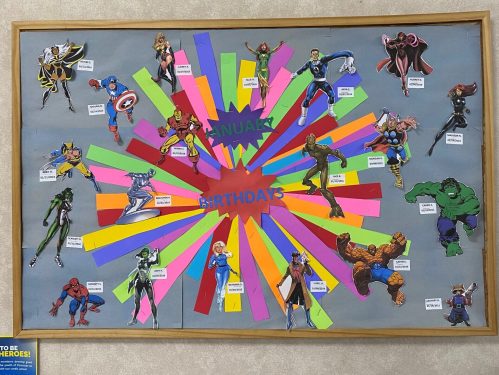 Pennstar Federal Credit Union's "Savings Superheroes" in-branch bulletin board displays showing off super heroes to promote youth savings accounts.