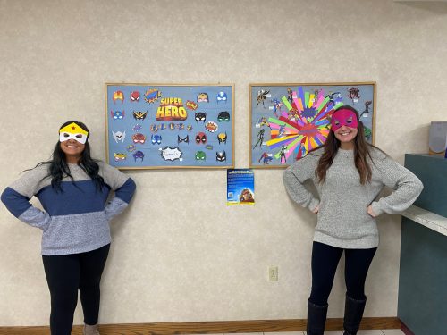 Pennstar Federal Credit Union's "Savings Superheroes" in-branch bulletin board displays showing off super heroes to promote youth savings accounts.